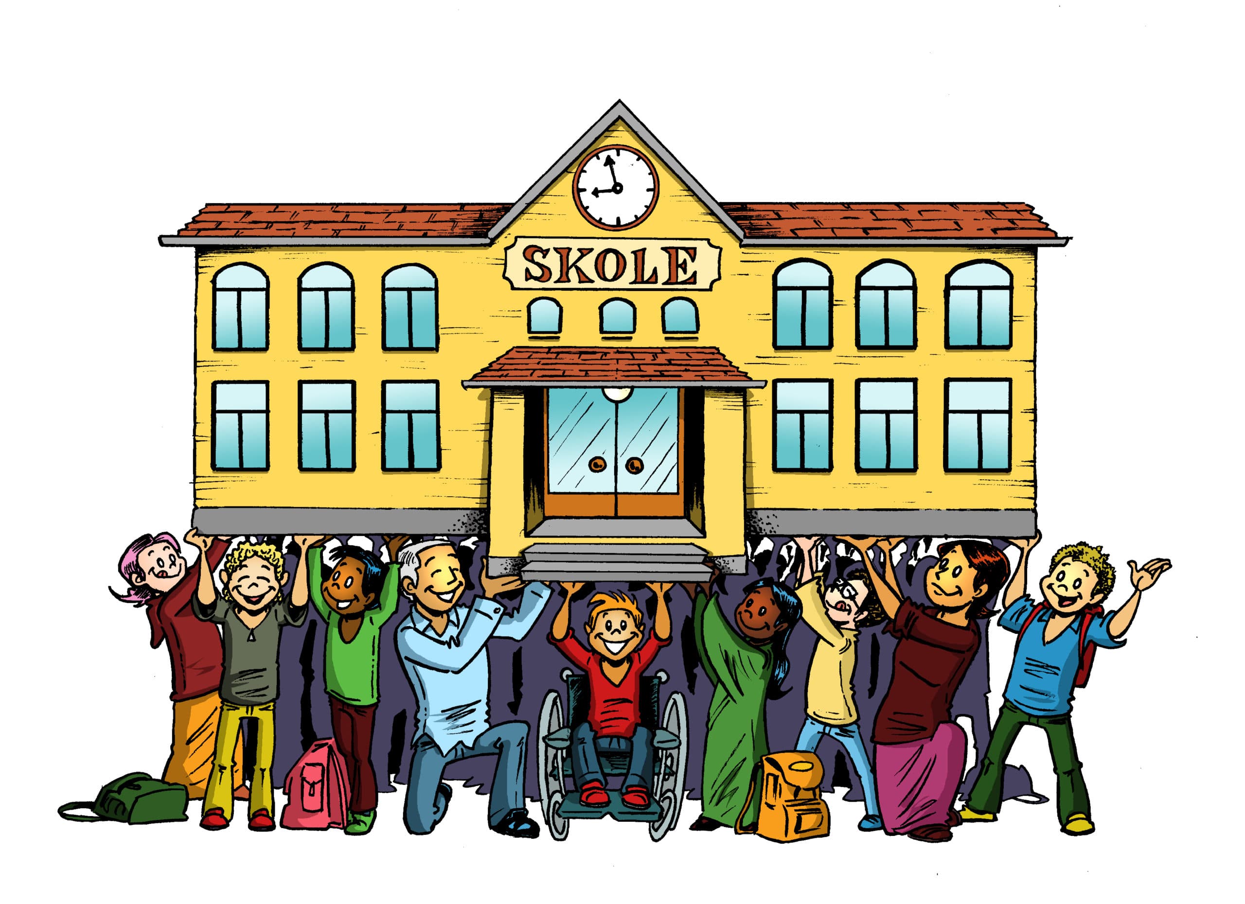 Illustrasjon av elever og lærere som holder en skolebygning oppe med hendene over hodet