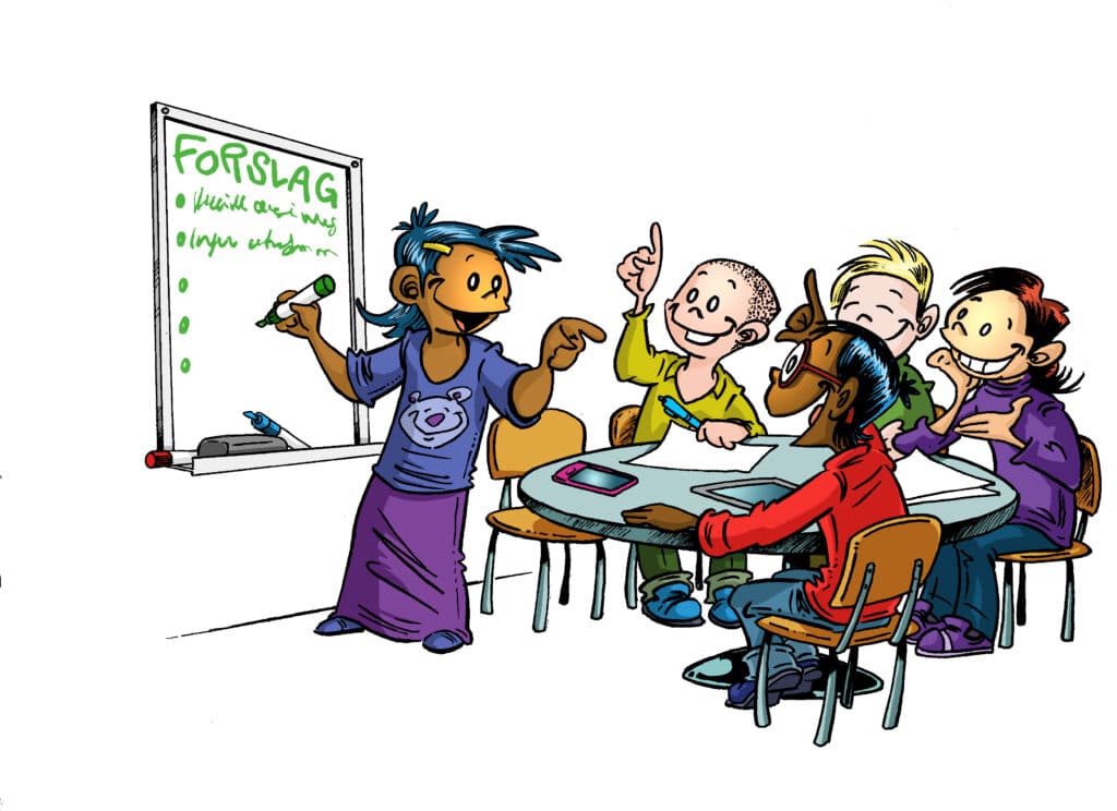 Illustrasjon som viser en gruppe elever rundt et bord og en lærer som skriver ned forslag på tavla