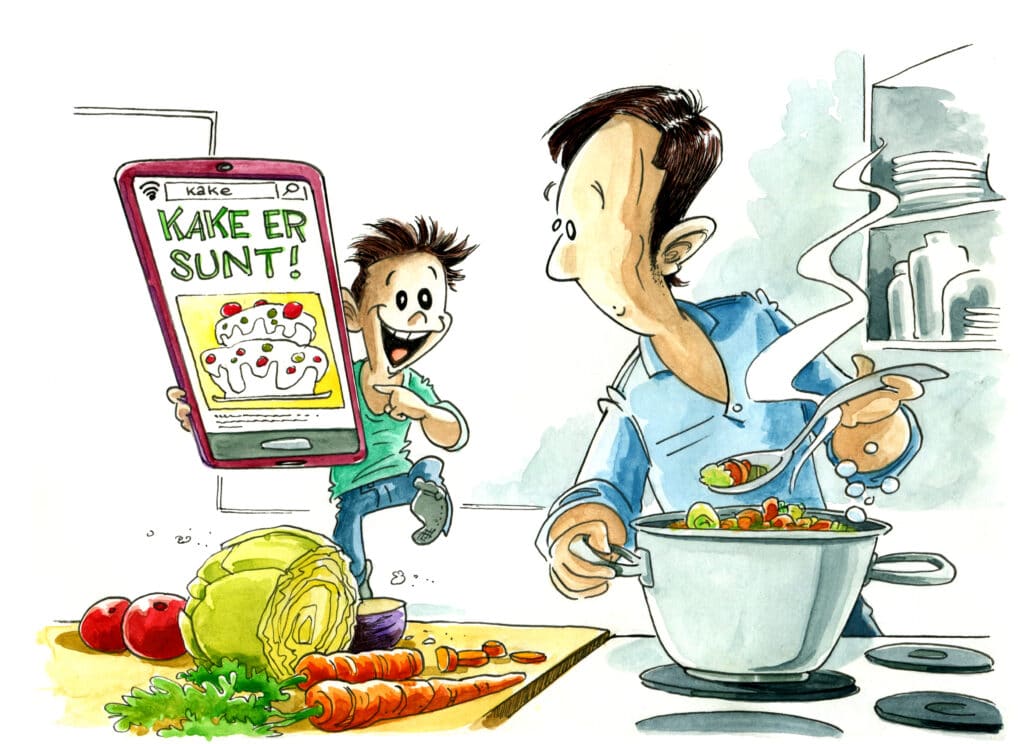 Illustrasjon av en far som står og lager mat mens sønnen kommer løpende med et nettbrett som viser en artikkel om at "kake er sunt"