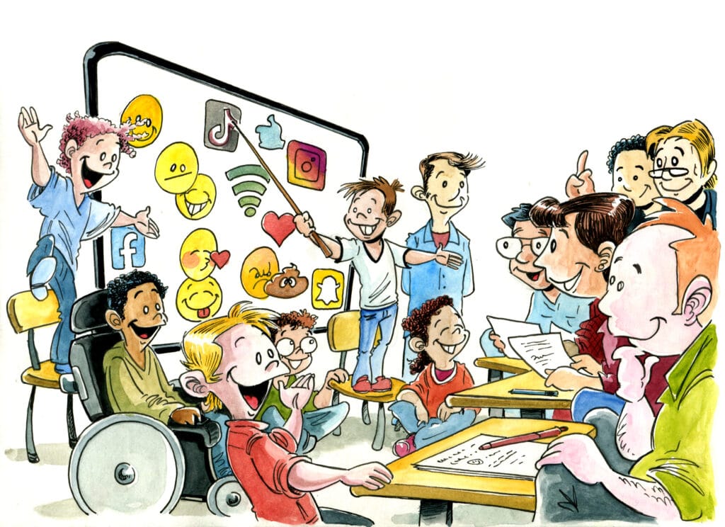 Illustrasjon av en skoleklasse hvor de lærer om sosiale medier og nettvett mens det arbeides i grupper