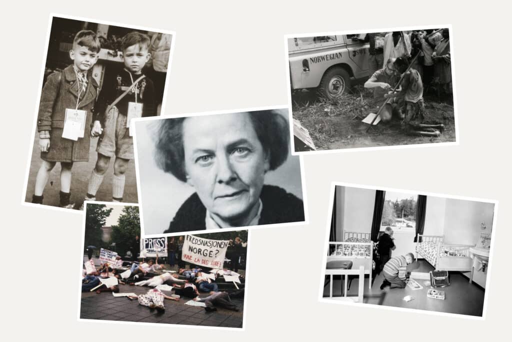 Kollasj av gamle bilder fra Redd Barnas arbeid, blant annet to gutter som holder hånd fra 2.verdenskrig og et bilde av Sigrid Helliesen Lund