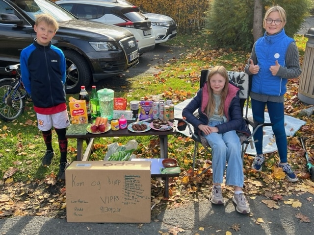 Tre barn som holder basar hvor de selger saft, kjeks, snacks