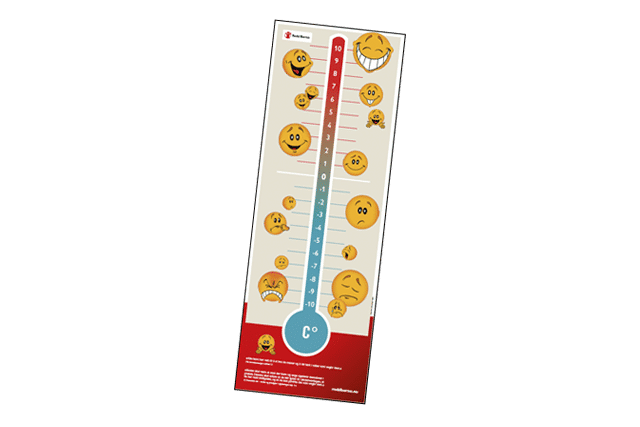 En plakat med et termometer med forskjellige smileys på
