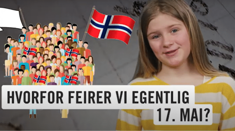 Bilde av jente og 17. mai tog med norske flagg og teksten Hvorfor feirer vi egentlig 17. mai?
