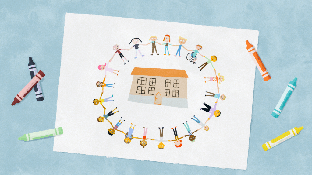 Illustrasjon som visr en barnetegning av barn som holder hender rundt en skolebygning