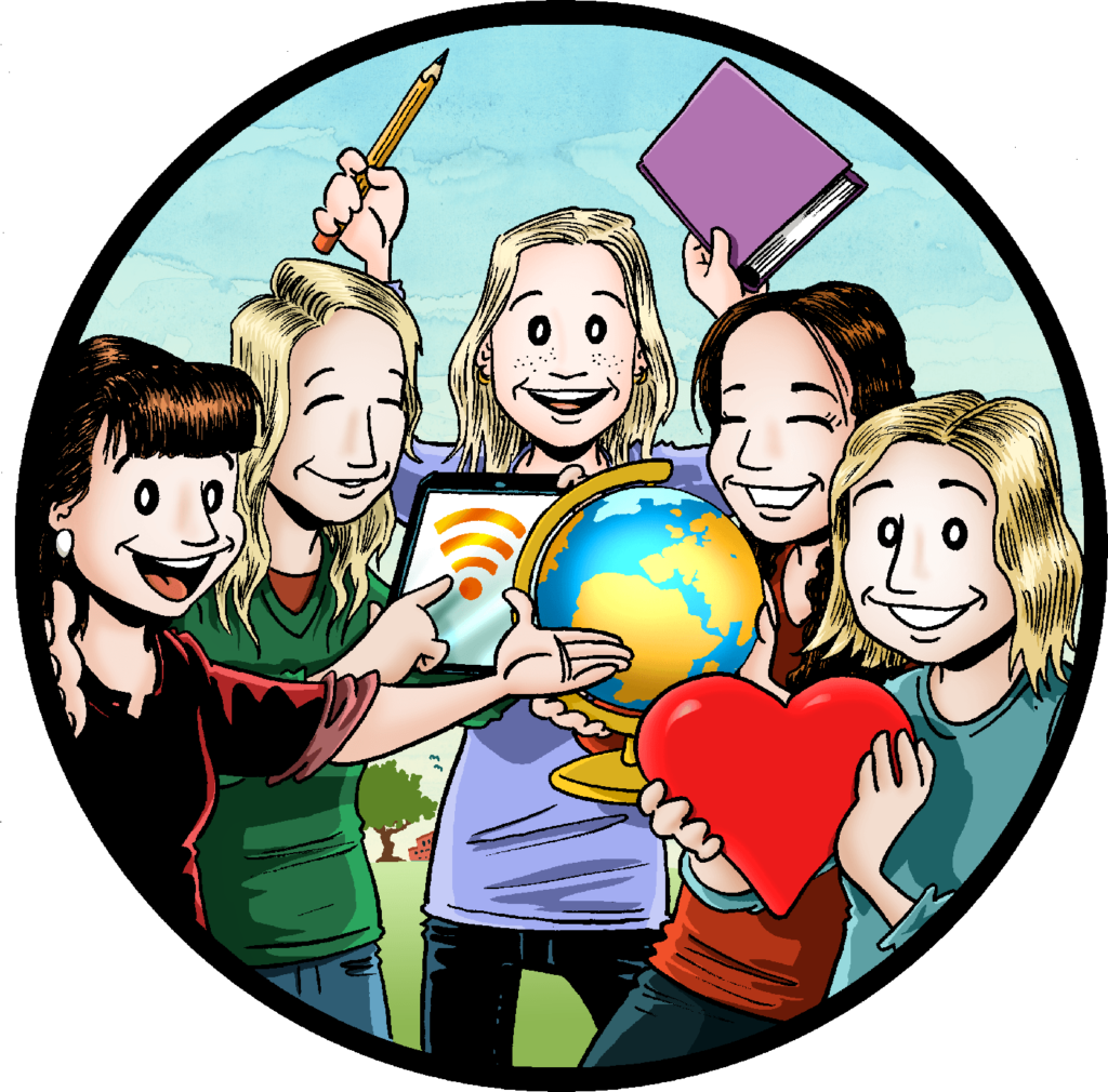 Redd Barnas skoleteam - fem smilende damer med hjerte, bok, nettbrett og jordklode