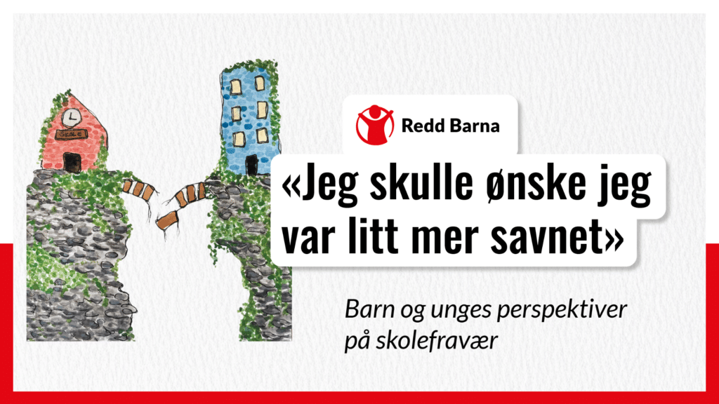 Banner med en tegning med en skole og en leilighetsbygning. I mellom de to byggene er en del og broen over er ødelagt.