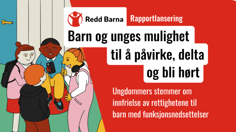 Illustrasjon med en gruppe barn som står sammen i en sirkel og snakker sammen.