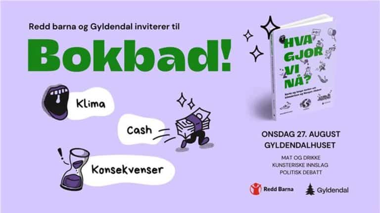 plakat som viser invitasjon til bokbad med Gyldendal og Redd Barna