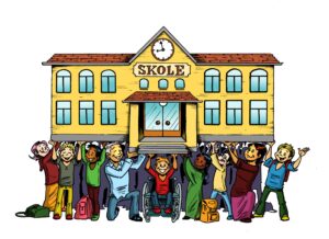 En illustrasjon som viser medvirkning: elever og lærere som sammen bærer et skolebygg