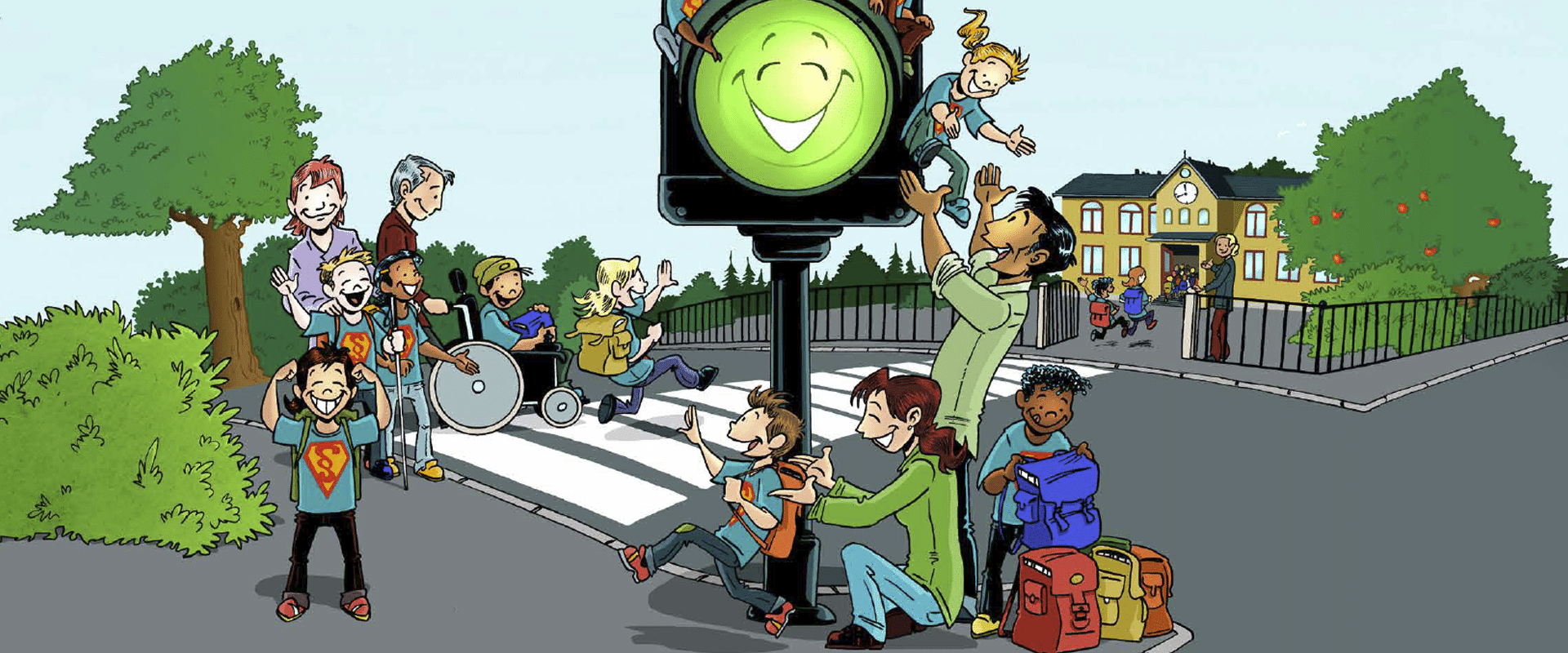 smilende barn og voksne i et gatekryss med smilende grønt trafikklys
