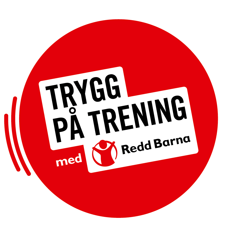 Rød runding logo med tittelen Trygg på trening med Redd Barna 