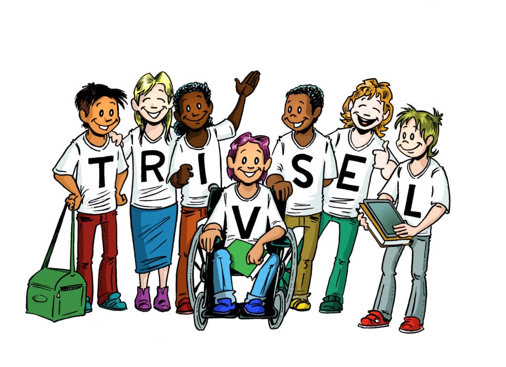 illustrasjon av glade elever med TRIVSEL-tskjorter