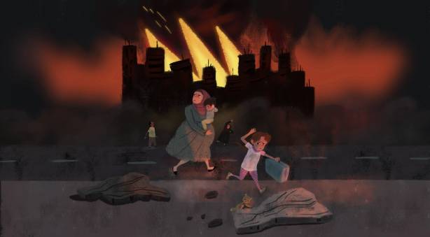 Gaza illustrasjon barn og gravid kvinne flykter fra angrep