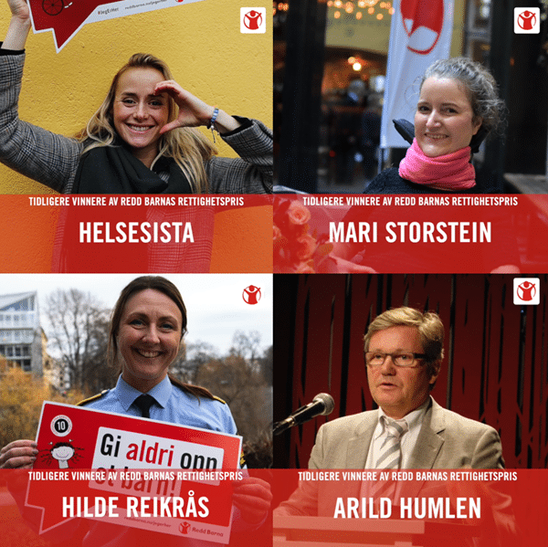 Fire bilder av tidligere vinnere av Redd Barnas rettighetspris. Helsesista, Mari Storstein, Hilde Reikås og Arild Humlen