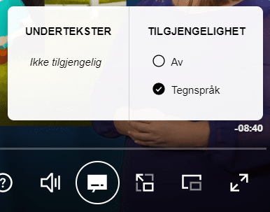Screenshot av NRK videospiller som viser hvordan man skrur på tegnspråktolking.