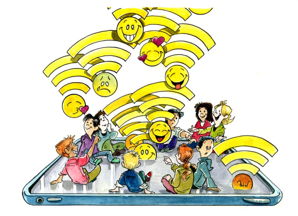 Illustrasjon av barn som sitter oppå et nettbrett med masse symboler av wifi-signal svevende rundt