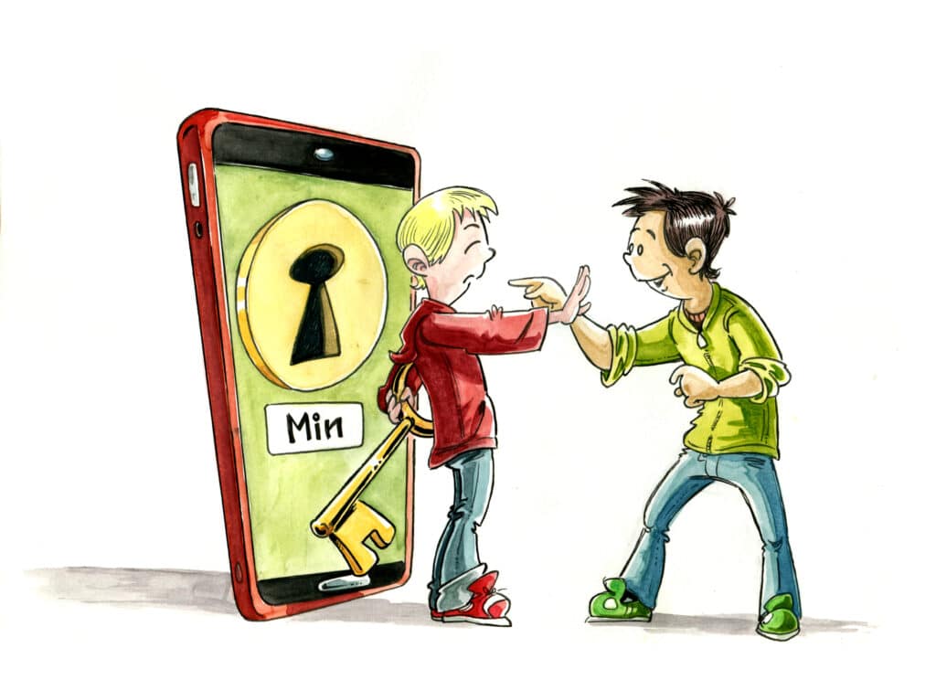 Illustrasjon av to ungdommer som står foran en stor mobiltelefon med et stort bilde av et nøkkelhull på. Den ene av de to holder en stor nøkkel og viser "stopp"-tegn med hånden.