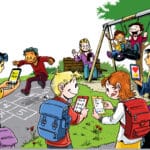 Illustrasjon av barn som leker i skolegården mens de står på hver deres telefon