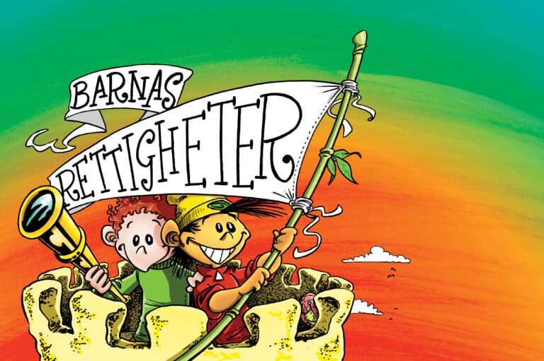 Illustrasjon av toippen av Rettighetsslottet, to barns veiver med et flagg det står Barnas rettigheter på