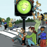 smilende barn og voksne i et gatekryss med smilende grønt trafikklys