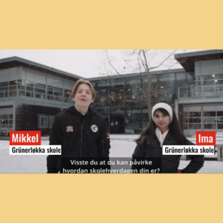 Thumbnail fra video som viser to elever utenfor en skole, som skal forklare hva elevmedvirkning er