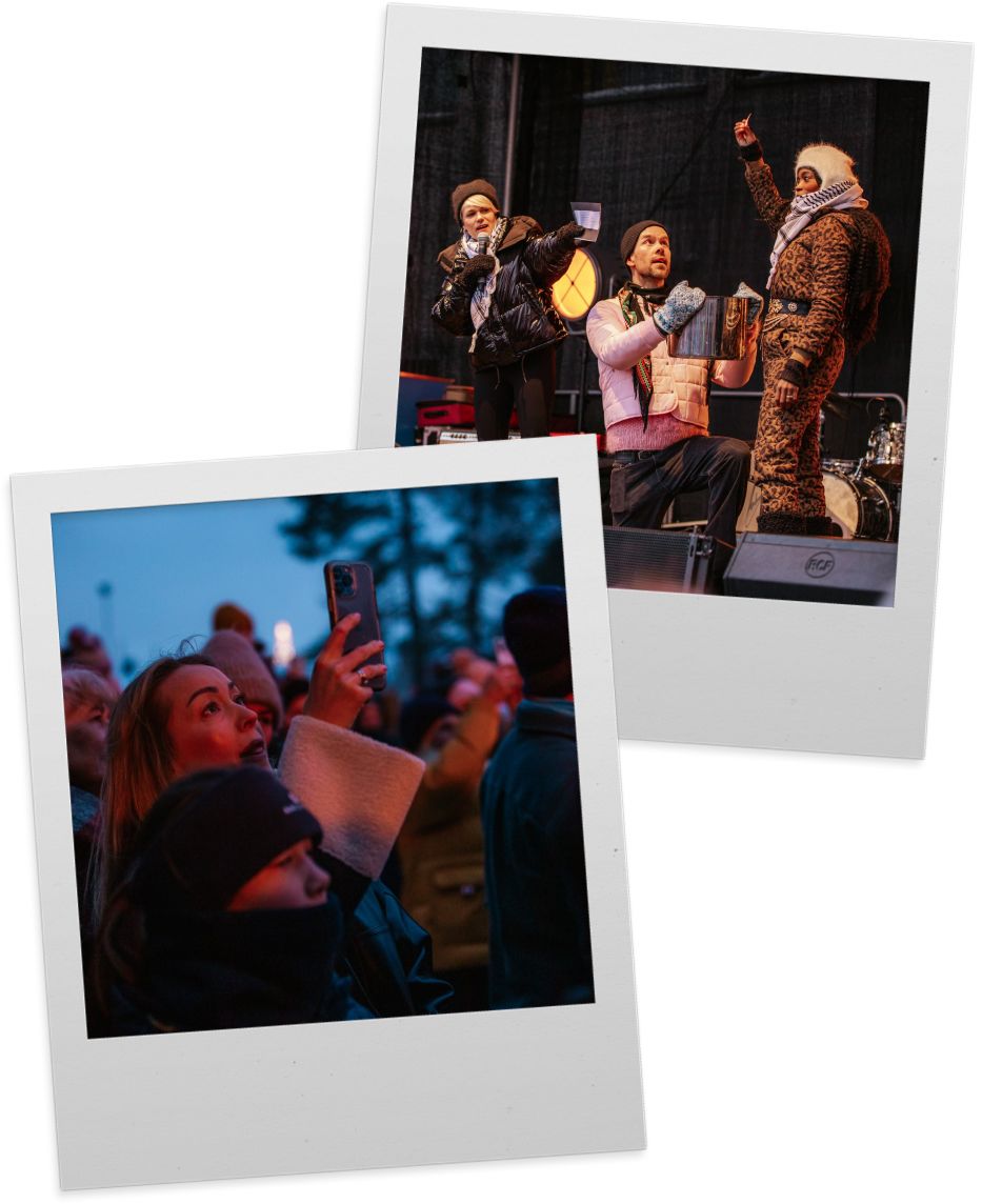To polaroidbilder av Sigrid Bonde Tusvik, Morten Hegseth og Tinashe Williamson som står på scenen, og en dame som holder opp mobilen for å ta bilde blant publikum. 
