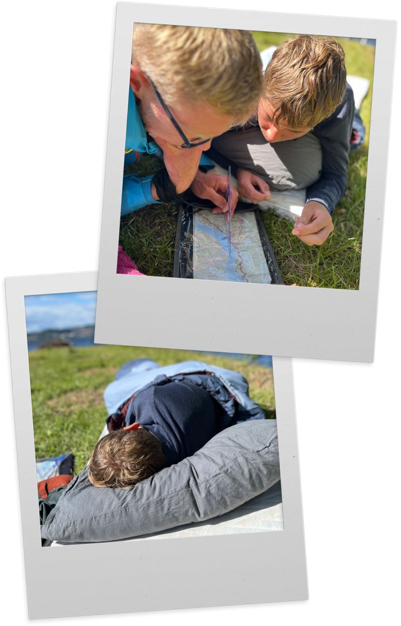 To polaroidbilder av Einar som tar seg en hvilepause på gresset, og Einar og faren som ligger på gresset og planlegger ruten på kartet foran de