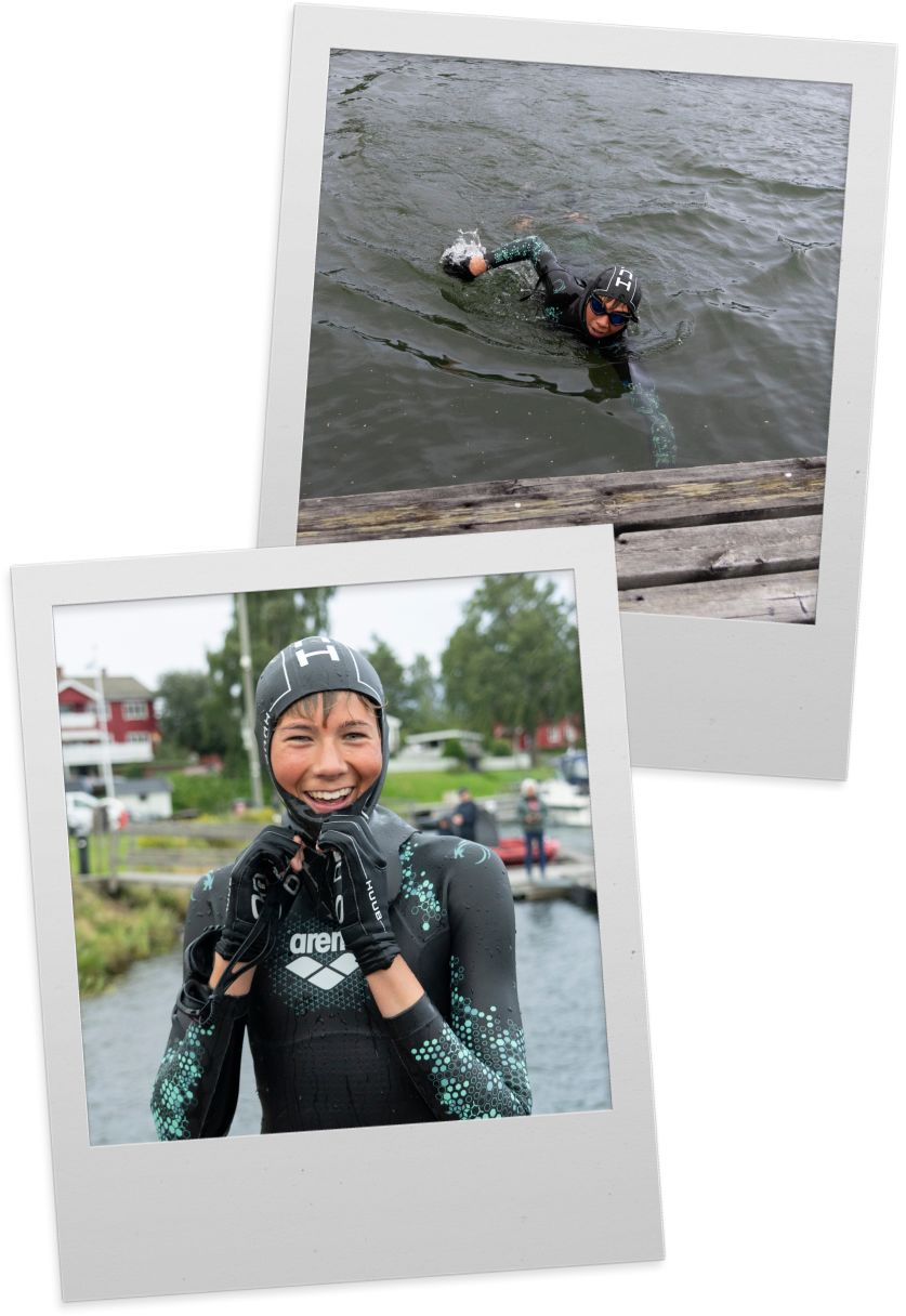 To polaroidbilder av Einar som kommer svømmende inn til bryggen i Lillehammer, og Einar som smiler til kamera i det han tar av seg svømmehetten. 