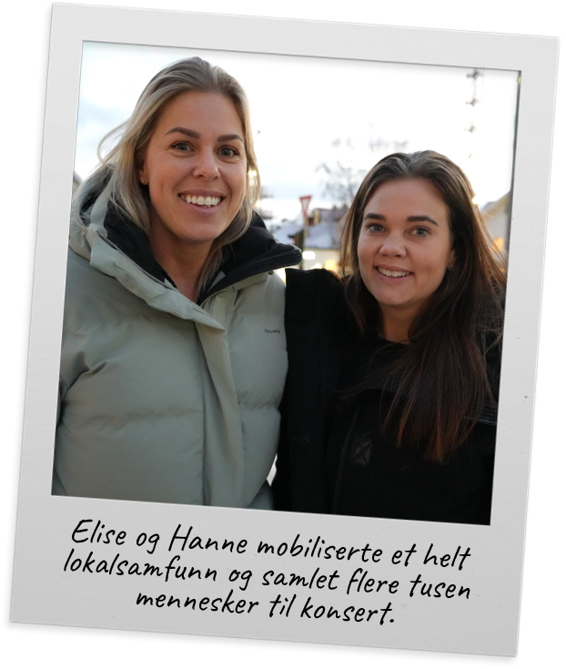Polaroidbilde av Elise og Hanne som smiler til kamera i boblejakker. På bildet står det skrevet “Elise og Hanne mobiliserte et helt lokalsamfunn og samlet flere tusen mennesker til konsert”. 