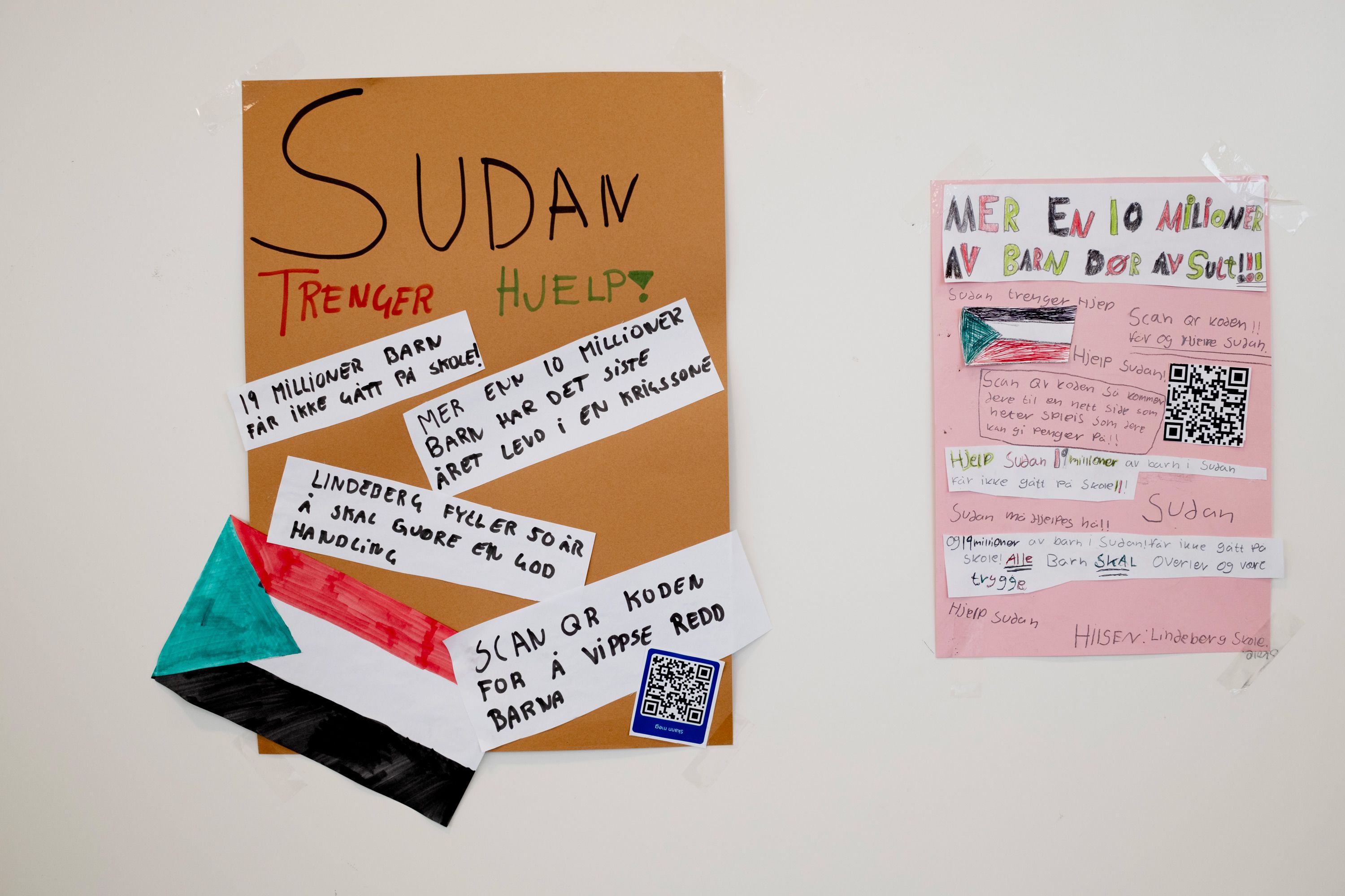 Elevene på mellomtrinnet lagde plakater og lærte mye om situasjonen i Sudan da de jobbet med innsamlingsaksjonen.