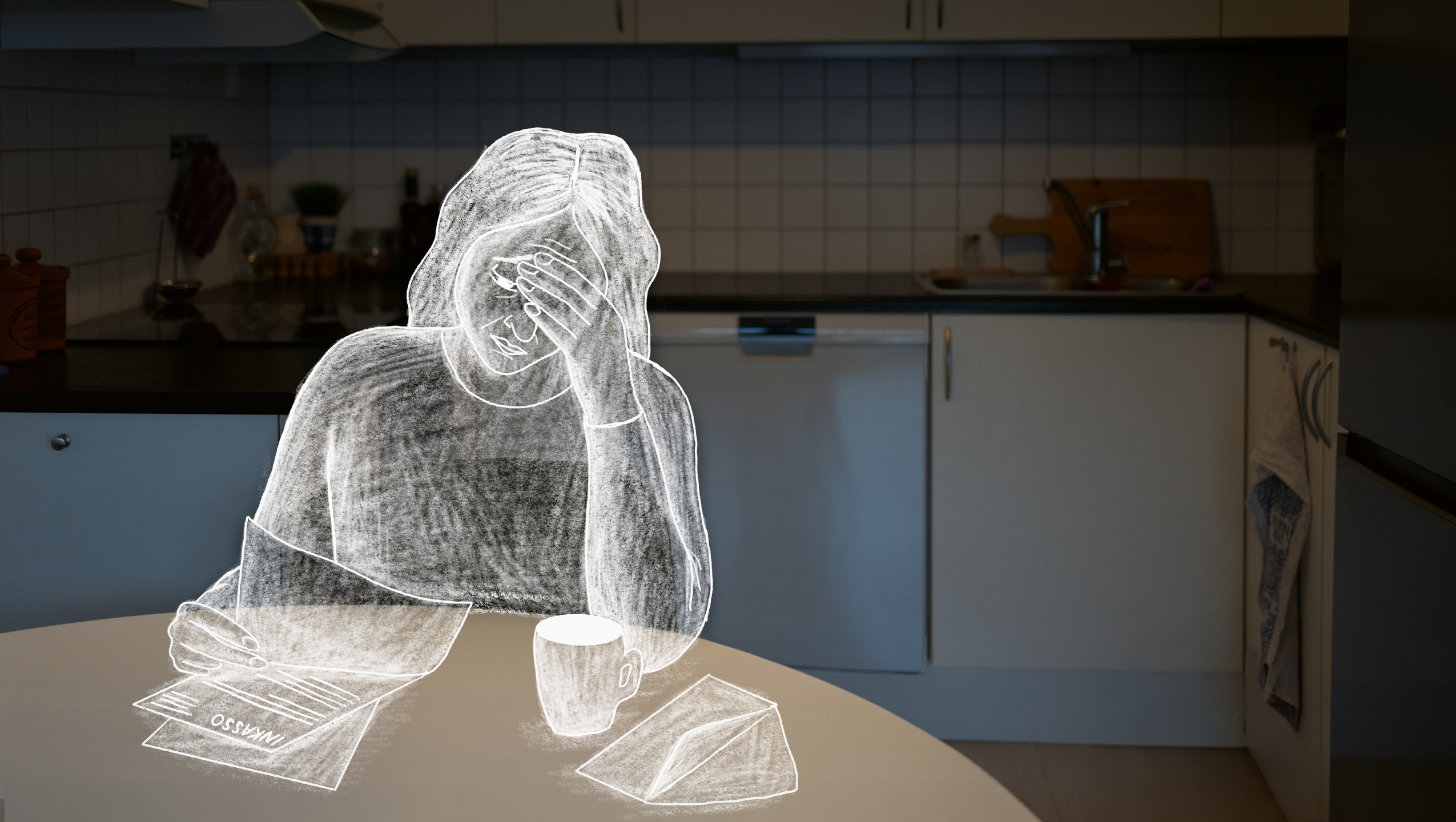 En illustrasjon av «Anne» som sitter og ser ned i regninger og inkassovarsel ved kjøkkenbordet.